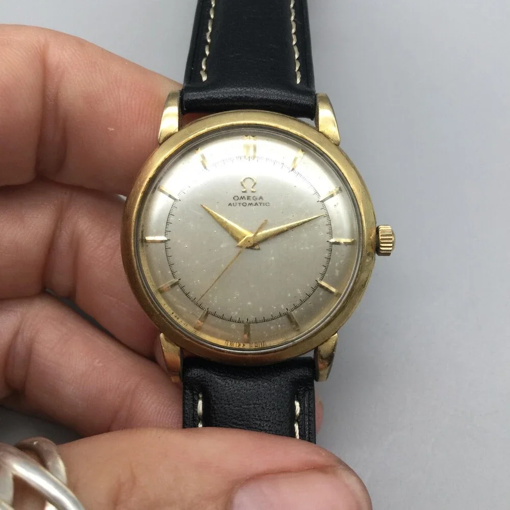 Vintage Omega Bumper Automatic Mens Watch 34mm Gold Plated Leather 17 Jewels